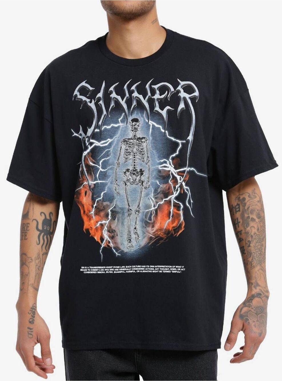 Hot Topic Social Collision Sinner Fiery Skeleton Oversized T-Shirt S/M Goth Alt